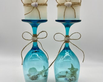 Set of 2 Sand & Seashell Teal Blue Candle Holders - Coastal Centerpiece - Beach Decor - Beach Candle Holder - Wedding Centerpiece