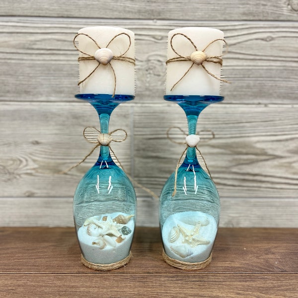 Set of 2 Sand & Seashell Aqua Blue Candle Holders - Coastal Centerpiece - Beach Decor - Beach Candle Holder - Wedding Centerpiece