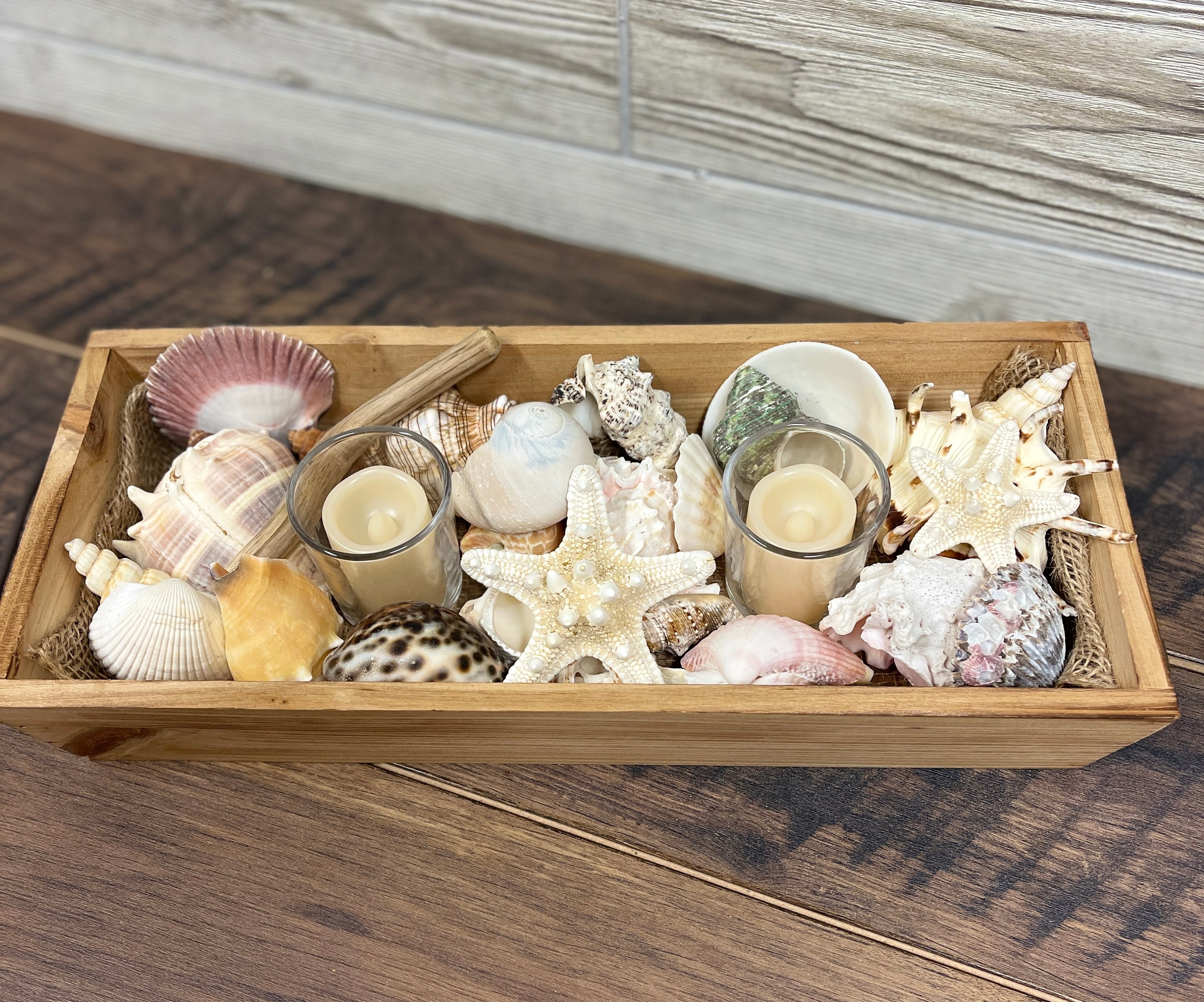 Seashell Centerpiece: Beach Decor With LED Candles in Wooden Box