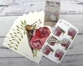Snail Mail Postcards & Sticker Bundle - 6 Cards and 6 Matching Stickers