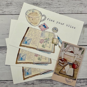 Tea and Journal Post Card - Find Your Bliss - Original Postcard by CoffeeTeaPaper - Happy Mail/Post Crossing/Pen Pal/Swap/Journal Card