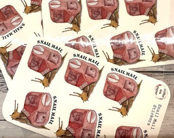 Snail Mail Stickers - Watercolor Snail Postbox, Happy Mail (12 Stickers)
