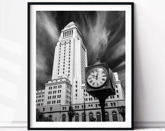 Los Angeles City Hall with the Art Deco Canterbury Clock. LA City Hall Print, Art Deco Decor, Los Angeles Wall Art, Art Deco Architecture