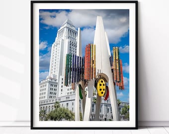 Los Angeles City Hall and the Triforium public art sculpture. LA City Hall Print, Art Deco Decor, Los Angeles Wall Art, Architecture Photo