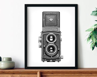 Vintage Camera Print, Rolleicord Camera, Black & White Photography, Retro Camera Decor, Retro Camera Wall Art