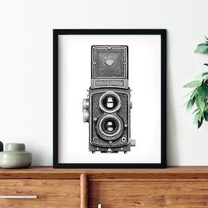 Vintage Camera Print, Rolleicord Camera, Black & White Photography, Retro Camera Decor, Retro Camera Wall Art