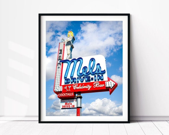 Mel's Drive in Diner Neon Sign in Hollywood, California. Vintage