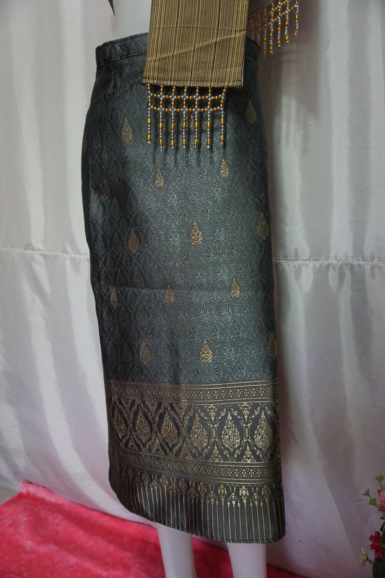 Gray Lao Laos Synthetic Silk sinh Wrap Skirt Pha Bieng for 