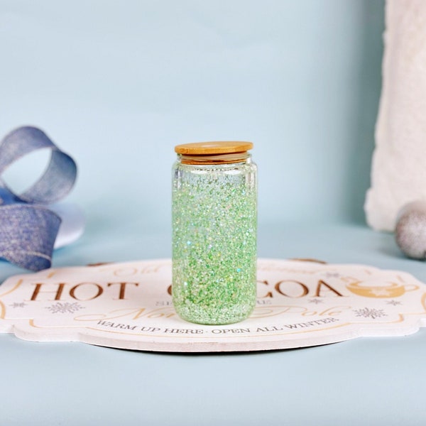SnowGlobe Glass Can Mint Green, Snow Globe Tumbler, 16oz Double Walled Glass Glitter Can, Gifts for Her, Birthday Present, Bridesmaid Gift