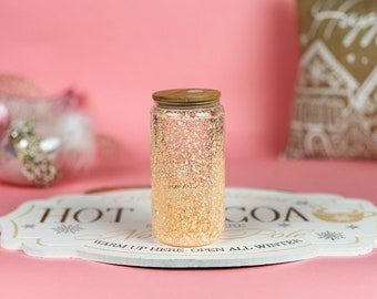 SnowGlobe Glass Can Peach Sorbet, Snow Globe Tumbler, 16oz Double Walled Glass Glitter Can, Gifts for Her, Birthday Present, Bridesmaid Gift