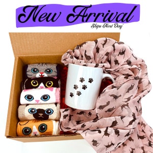 Cat Lovers Gift Box - Cat theme gift - Mothers Day Gift for Cat Lovers - Cat mug - Womens Sock - Scarf - Cat Ear Band - Christmas