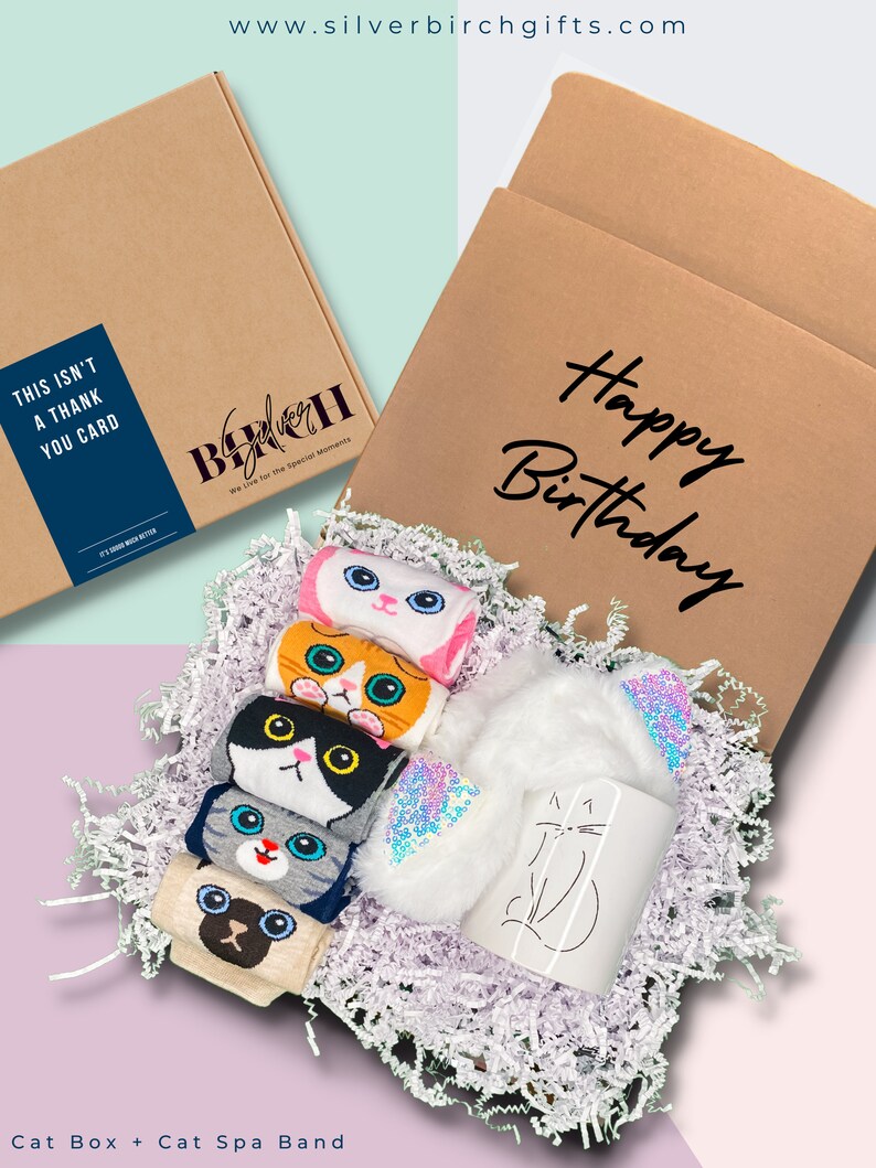 May include: A brown cardboard box with the words "Happy Birthday" written on it. The box is filled with white shredded paper and contains a white mug with a cat design, a white headband with iridescent sequins, and five pairs of cat-themed socks.