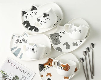 Cat Cup & Saucer | Cat Cappuccino Cup and Plate Spoon included | Cat themed gift for women | Tea Cup | Cat Mom Gift | Christmas