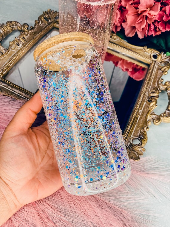 SnowGlobe Glass Can | SnowGlobe Tumbler | 16oz Double Walled Glass Can | Glitter Can | Gifts for Her | Birthday Present | Bridesmaid Gifts