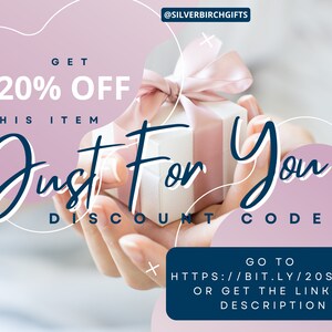 May include: A white gift box with a pink ribbon is held in hands. The text "Just For You" is written in blue script. The text "GET 20% OFF THIS ITEM" is written in black. The text "DISCOUNT CODE" is written in blue. The text "GO TO HTTPS://BIT.LY/20SBFAM OR GET THE LINK IN DESCRIPTION" is written in white on a blue background.