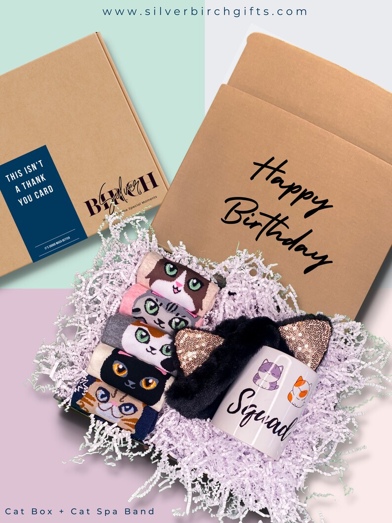 May include: A brown cardboard box with the text "Happy Birthday" on the front. The box is filled with white tissue paper and contains a cat-themed gift set. The gift set includes a mug with the text "Squad" and a cat design, a black headband with gold glitter cat ears, and a set of cat-themed socks.