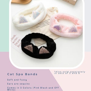 May include: Three fuzzy cat ear headbands with sparkly sequins. The headbands are white, pink, and black.