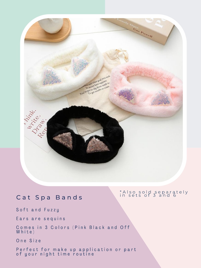 May include: Three fuzzy cat ear headbands with sparkly sequins. The headbands are white, pink, and black.