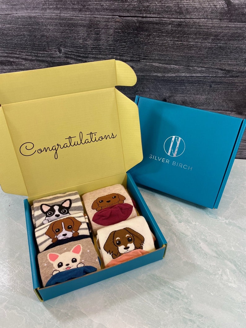 Gift Box for Dog Lover Dog Socks Birthday Gifts Dog Theme Dog mom Dog parent gifts Mothers Day 5 pairs BLUE BOX