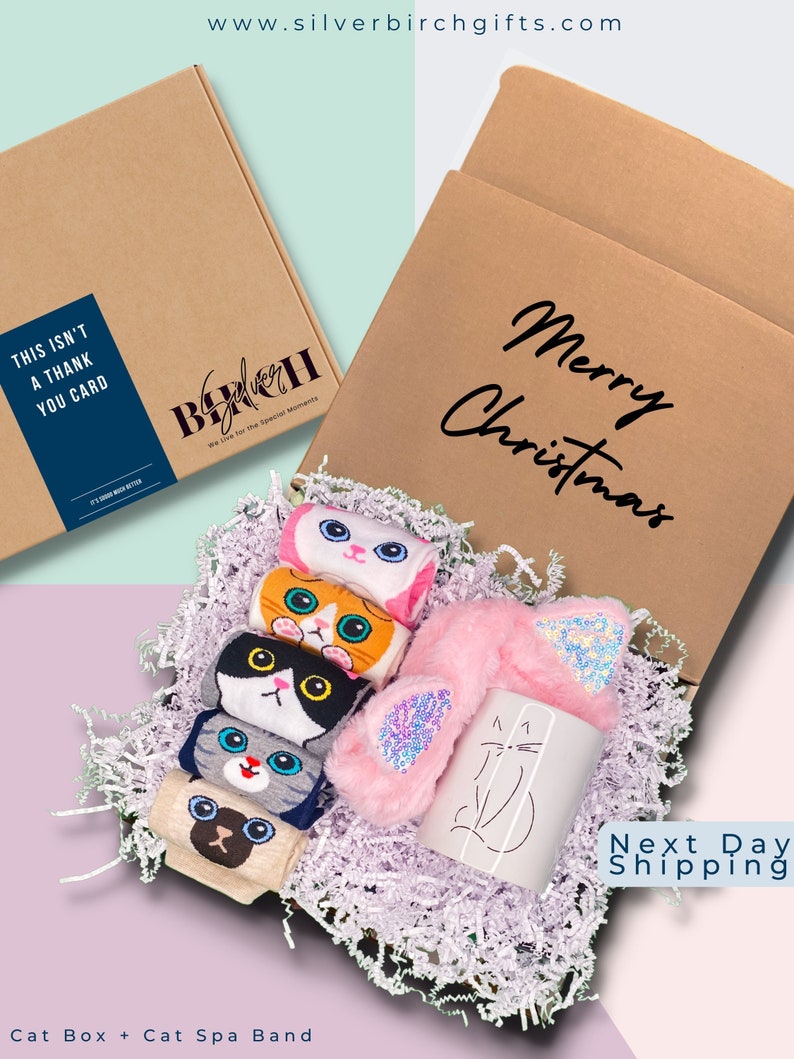 May include: A brown cardboard box with the text "Merry Christmas" on the front. The box is open and contains a white mug with a cat illustration, a pink cat spa headband, and five pairs of cat-themed socks. The socks are in a variety of colors and patterns. The box is filled with white shredded paper.