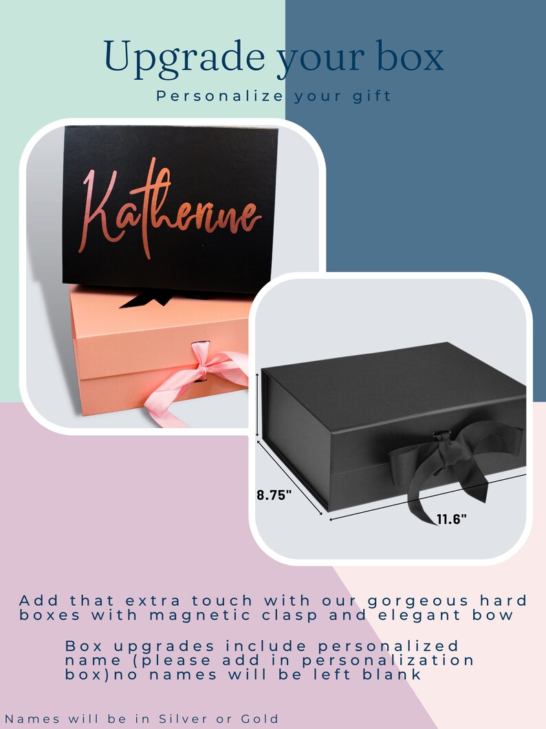 May include: Black gift box with a black satin ribbon bow. The box is 11.6 inches wide and 8.75 inches long. The box is personalized with the name "Kathenne" in rose gold lettering.