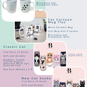 May include: Two white ceramic mugs with cat designs. One mug has a silhouette of a cat, the other has a cartoon cat with the text "Squad Goals". Both mugs are 11 ounces and have a C handle. The mugs are microwave and dishwasher safe.