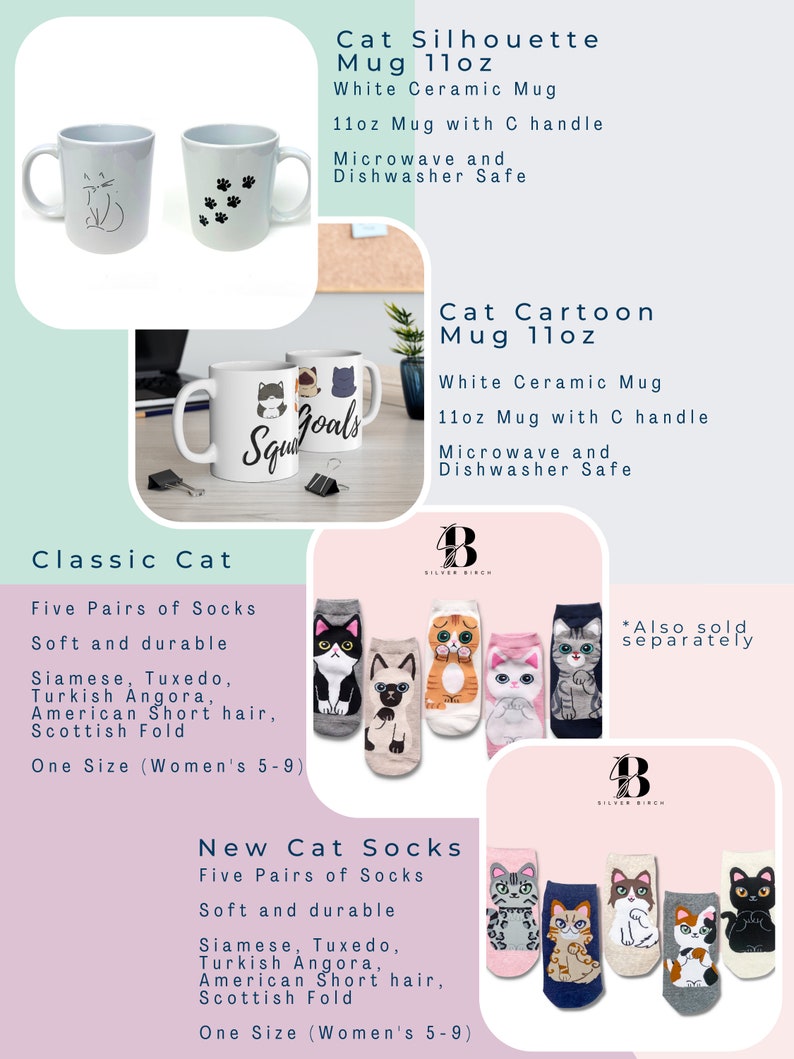 May include: Two white ceramic mugs with cat designs. One mug has a silhouette of a cat, the other has a cartoon cat with the text "Squad Goals". Both mugs are 11 ounces and have a C handle. The mugs are microwave and dishwasher safe.
