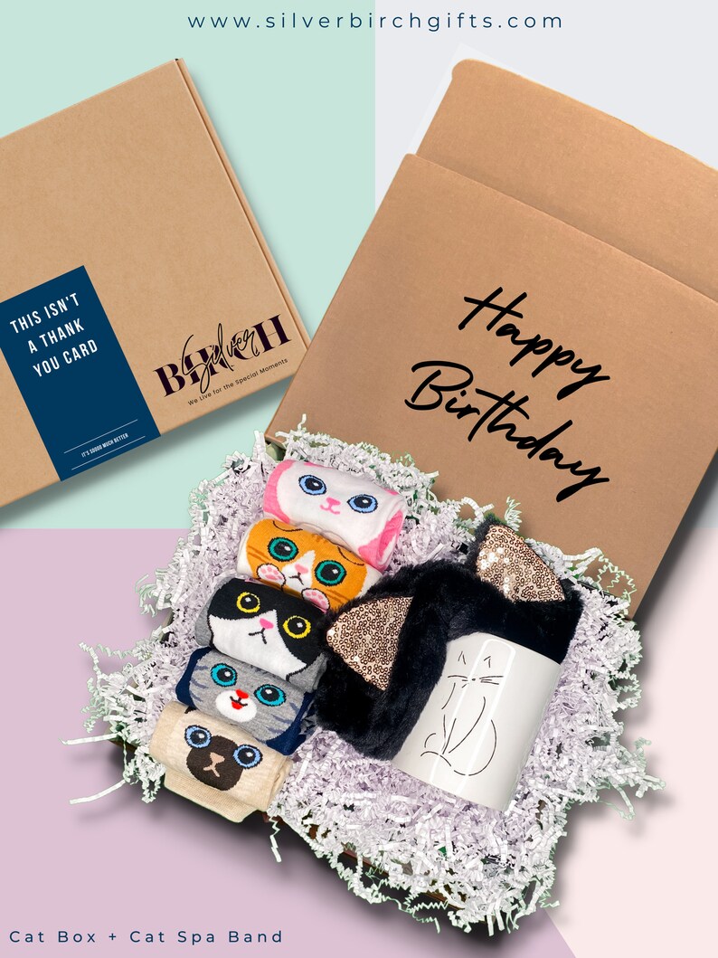 May include: A brown cardboard box with the text "Happy Birthday" on the front. The box is open and filled with white shredded paper. Inside the box are five pairs of cat-themed socks, a cat-shaped mug, and a black and gold cat ear headband.