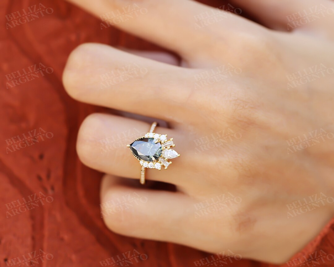 2ct Pear Shaped Engagement Ring Deep Bluegray Moissanite Ring Art Deco Ring Vintage Style