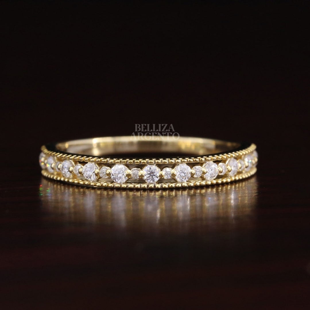 Art Deco 14K Solid Gold Ring Moissanite Wedding Band Half Eternity Band ...