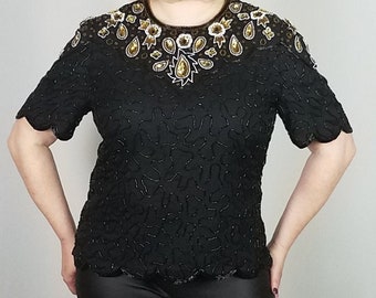 80's GLAM Vintage Silk V-Neck Black & Gold Sequin Beaded Blouse by Denise Elle Geometric Short Sleeves XL Size 12 Size 14 Formal Occasion