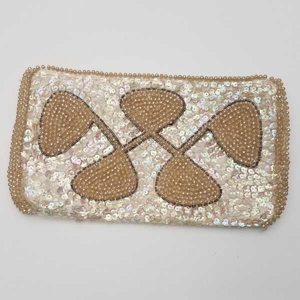 50's GLAM Vintage Beaded Sequin Evening Bag by Sharonee Champagne Pearl Clutch Money Pouch Wallet Makeup Bag  Art Deco
