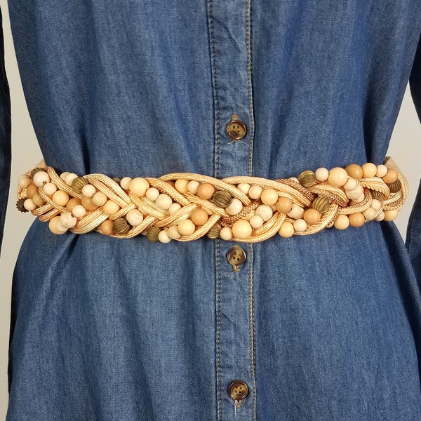 80's Vintage Peach Linen Braided Belt with Wood Beads by Carolyn Tanner Designs Velcro Adjustable Size S/M/L 27-35 in. Boho