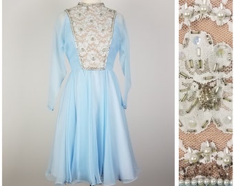 60's GLAM Vintage Powder Blue Fit & Flare Skater Dress by Jack Bryan Small Size 2 Size 4 Long Sleeve Dress with Beaded Lace Bodice