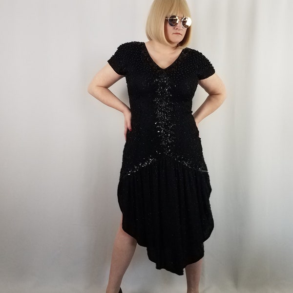 80's GLAM Vintage Black Beaded Drop Waist Formal Dress XL Size 14 Size 16 Evening Gown Flapper Dress 1920s Inspired