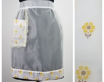 50's Vintage White Sheer Hostess Apron with Felt Sunflowers and Ruffle Pocket