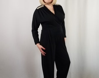 80's GLAM Vintage Power Jumpsuit in Black by Joan Walters Large Size 10 Size 12 Long Sleeve Jumpsuit with Silver Bead Epaulettes