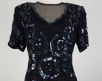 80's GLAM Vintage Iridescent Sequin Illusion Blouse Medium Size 6 Size 8 Formal Blouse Party Top