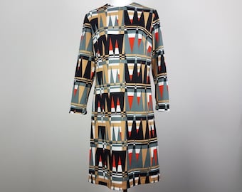 60's Vintage Mod Geometric Shift Dress by Sears Fashions Women's Large Size 8 Size 10 Long Sleeve Dress Triangle Print