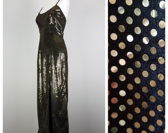 90's GLAM Vintage Velveteen Gold Confetti Sequin Evening Gown by J Reynolds Designs Size 9 Size 10 Formal Dress Prom Dress