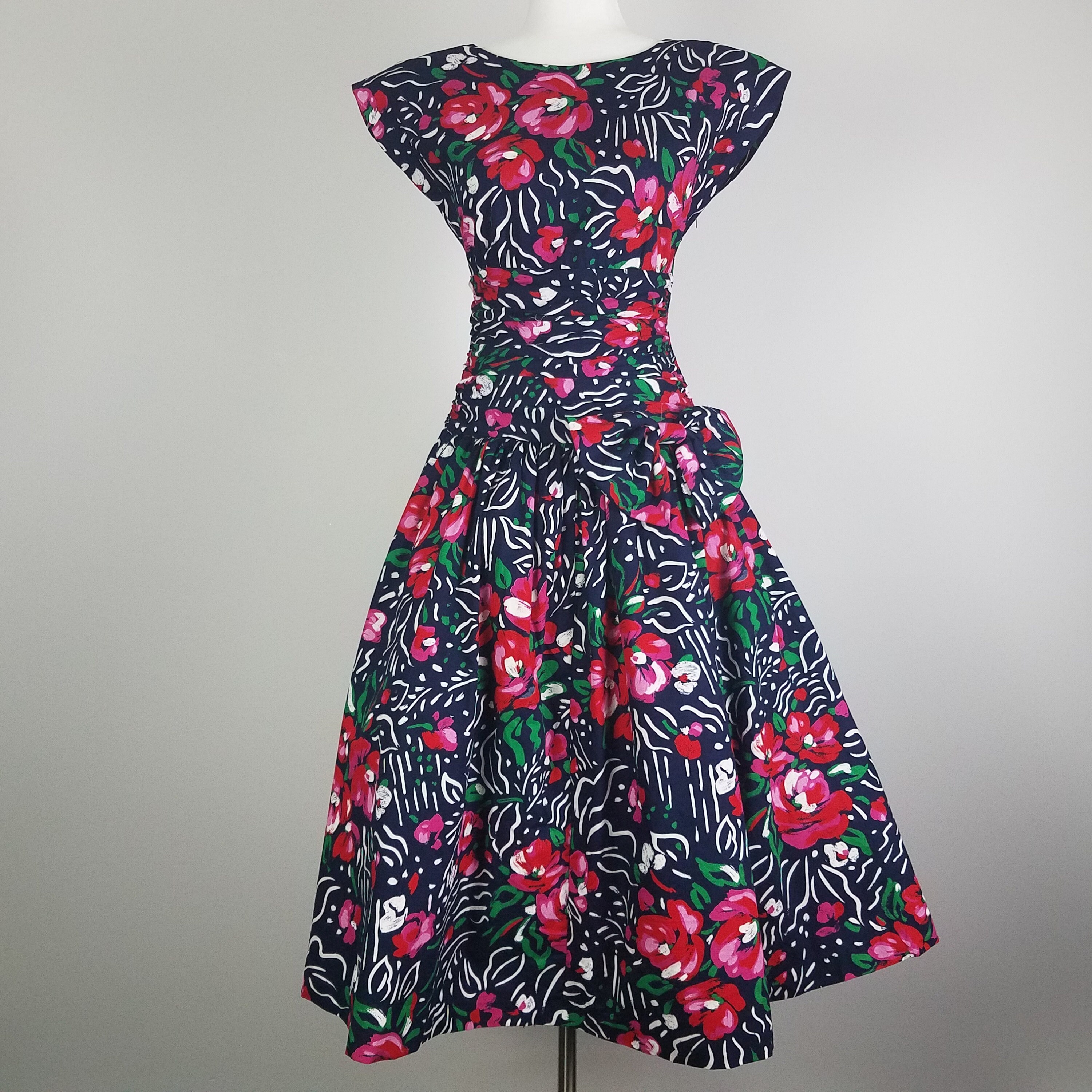 80’s Does 50’s Navy Blue Ditzy Floral Print Dress main image 0