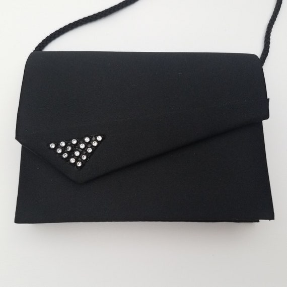 80's GLAM Vintage Black Satin Mini Bag Asymmetric… - image 3