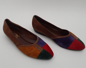 80's Vintage Size 6.5 Suede Color Block Flats by Truffles Dress Shoes Suede Shoes Loafers