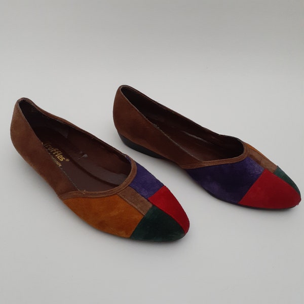 80's Vintage Size 6.5 Suede Color Block Flats by Truffles Dress Shoes Suede Shoes Loafers
