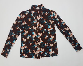 70's Vintage Brown Floral Button Up Blouse Medium Size 6 Size 8 Women's Shirt