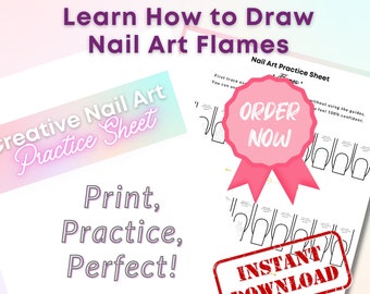 How to draw Nail Art Flames - INSTANT DOWNLOAD | Nail design practice template sheet all square nails short medium and long