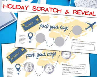 Può includere: Una carta da gioco da grattare con un design a mappa del mondo. La carta ha un biglietto blu con il testo "ANTHONY TRAVEL" e "SAMANTHA TRAVEL". La carta ha tre cerchi da grattare con il testo "pack your bags" e un'area messaggi.