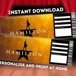 Entrada al Teatro Hamilton - Regalo imprimible de Broadway West End - Recuerdo musical editable - Descarga instantánea en PDF
