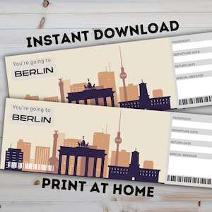 BERLIN Germany Surprise Reveal Gift Ticket - druckbare Bordkarte - bearbeitbares personalisiertes Geschenk - PDF-Sofortdownload