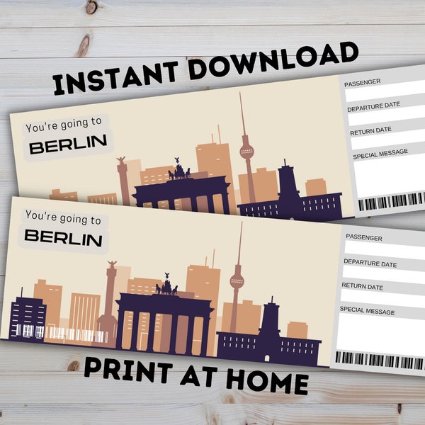 BERLIN Germany Surprise Reveal Gift Ticket - druckbare Bordkarte - bearbeitbares personalisiertes Geschenk - PDF-Sofortdownload